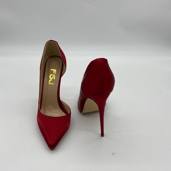 FSJ Red Satin Pointed Toe D'Orsay Stiletto Pumps - Picture 5 of 9